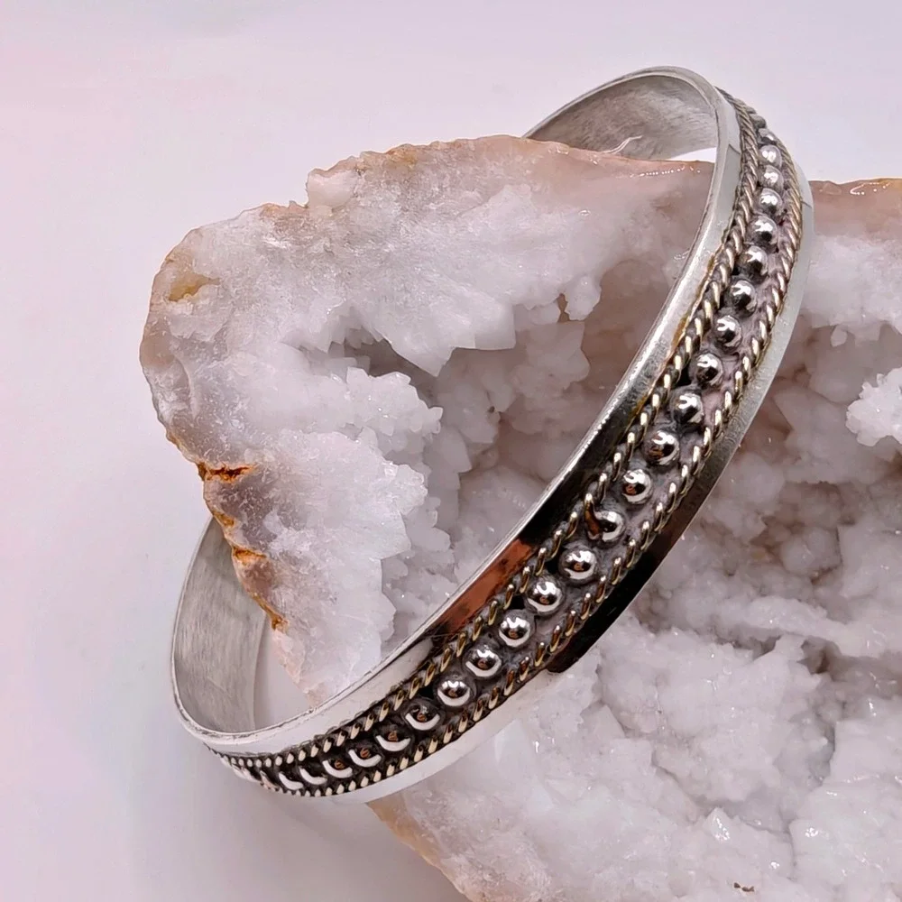 Taxco Mexico 925 Sterling Silver Mixed Metal Beaded Rope Bangle Bracelet 17g